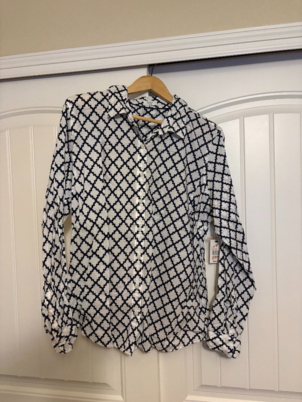 Crown and Ivy Button Up Shirt 2X Navy Blue and White Mosaic Print NWT NEW Cotton
